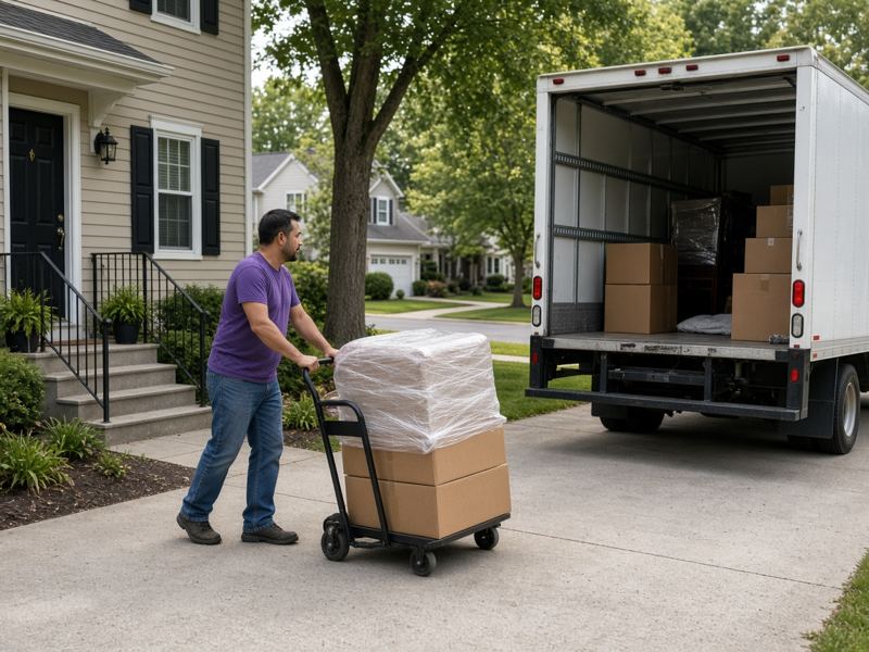 Mover wheeling wrapped furniture and boxes on a dolly toward a moving truck